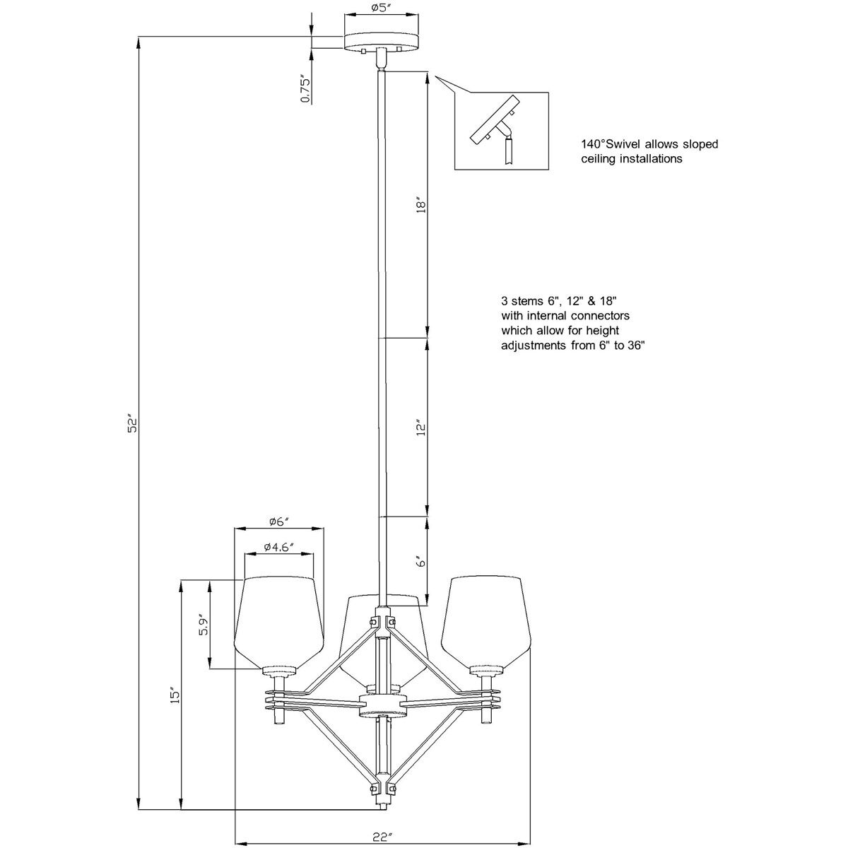 Chalice 3 Light 22 inch Black Chandelier Ceiling Light