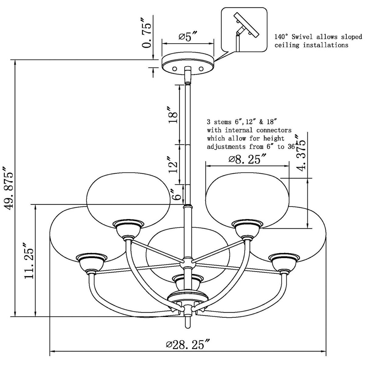 Cameron 5 Light 28 inch Black Chandelier Ceiling Light