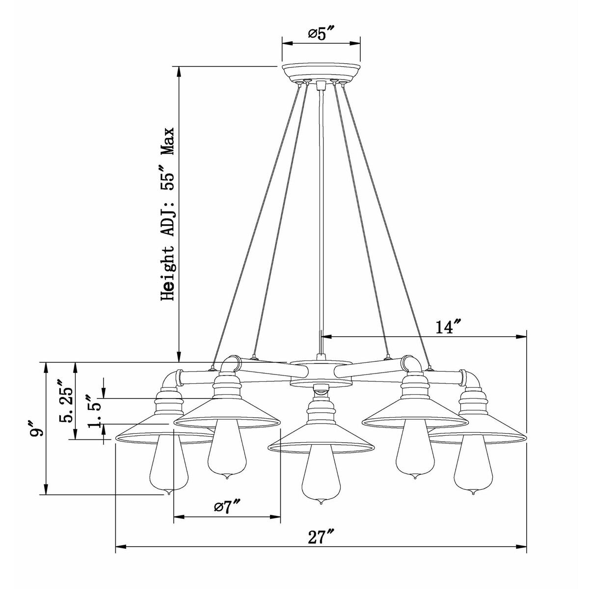 Signature 5 Light 27 inch Vintage Chrome Chandelier Ceiling Light